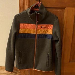 Cotopaxi Fleece Jacket, Women’s size S, Olive with orange and blue stripes